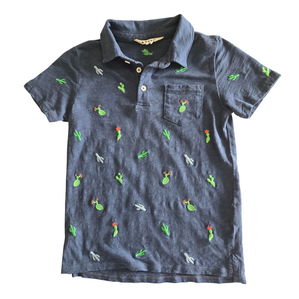 Mini Boden 9-10 Polo Shirt Kids Navy Blue Embroidered Cactus Boys Cotton Pocket